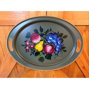 Vintage Hand Painted Fruit Nashco Olive green Metal Tray 19.75” (7183)